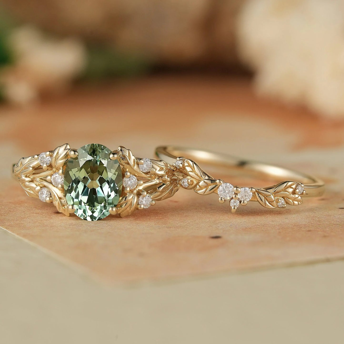Oval Green Sapphire & Moissanite Ring Set 2pcs-Kairi