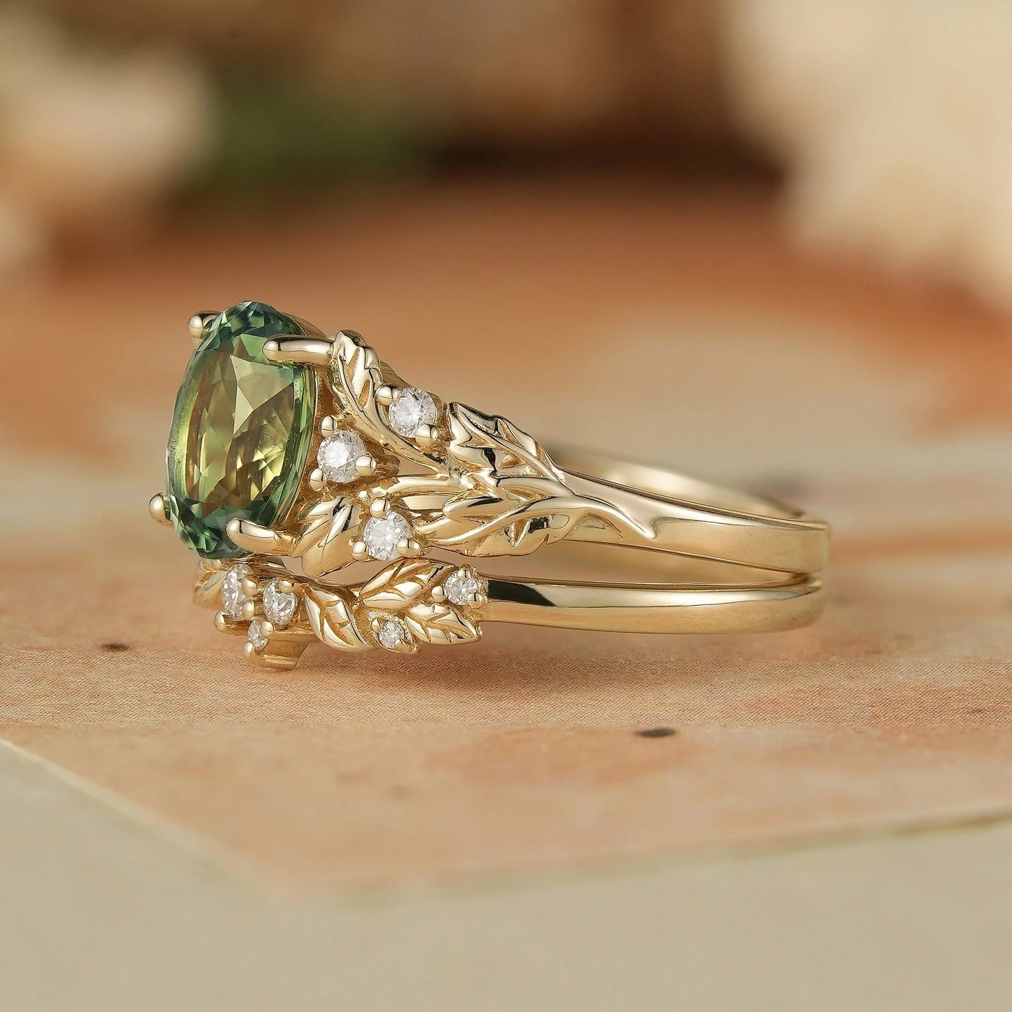 Oval Green Sapphire & Moissanite Ring Set 2pcs-Kairi