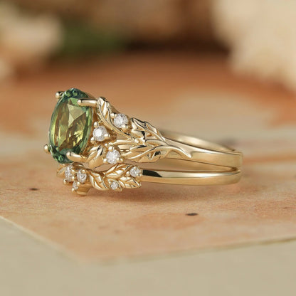 Oval Green Sapphire & Moissanite Ring Set 2pcs-Kairi