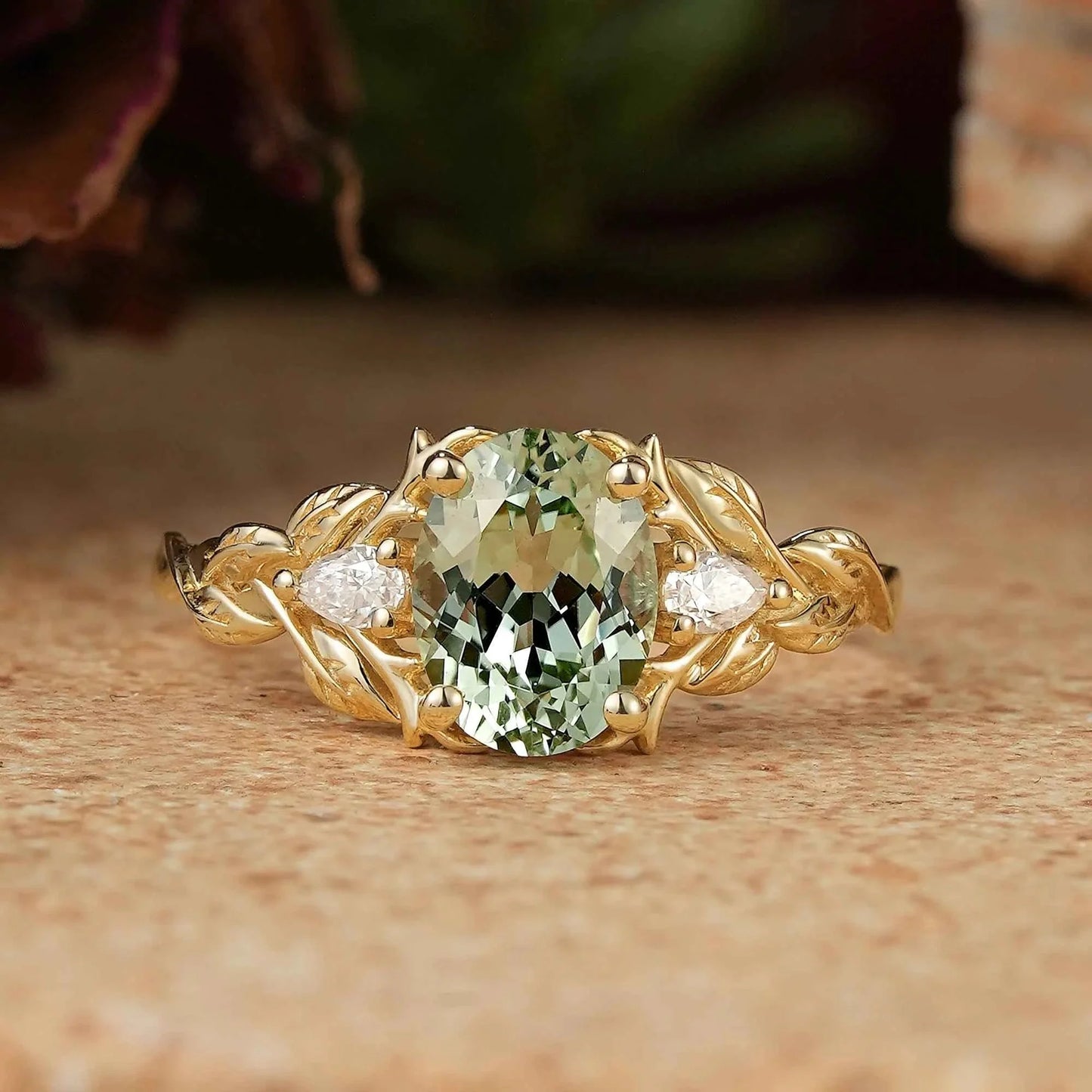 Oval Green Sapphire Nature Inspired Engagement Ring Stag Ring