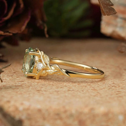 Oval Green Sapphire Nature Inspired Engagement Ring Stag Ring