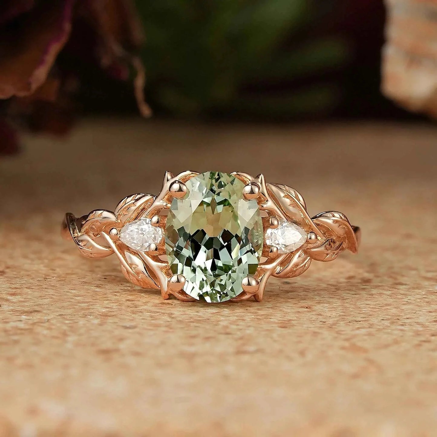 Oval Green Sapphire Nature Inspired Engagement Ring Stag Ring