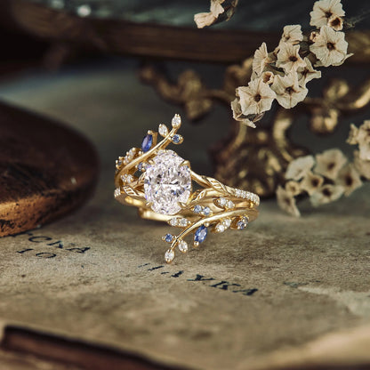 Oval Lab Grown Diamond Half Eternity Leaf Engagement Ring Set 2pcs - Aphrodite