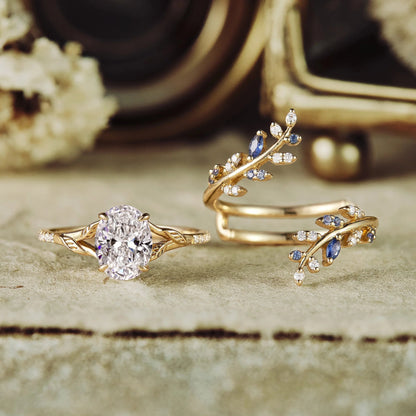 Oval Lab Grown Diamond Half Eternity Leaf Engagement Ring Set 2pcs - Aphrodite