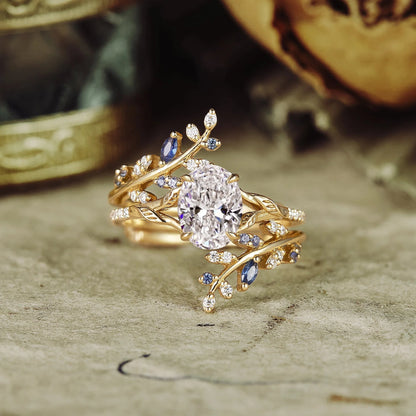 Oval Lab Grown Diamond Half Eternity Leaf Engagement Ring Set 2pcs - Aphrodite