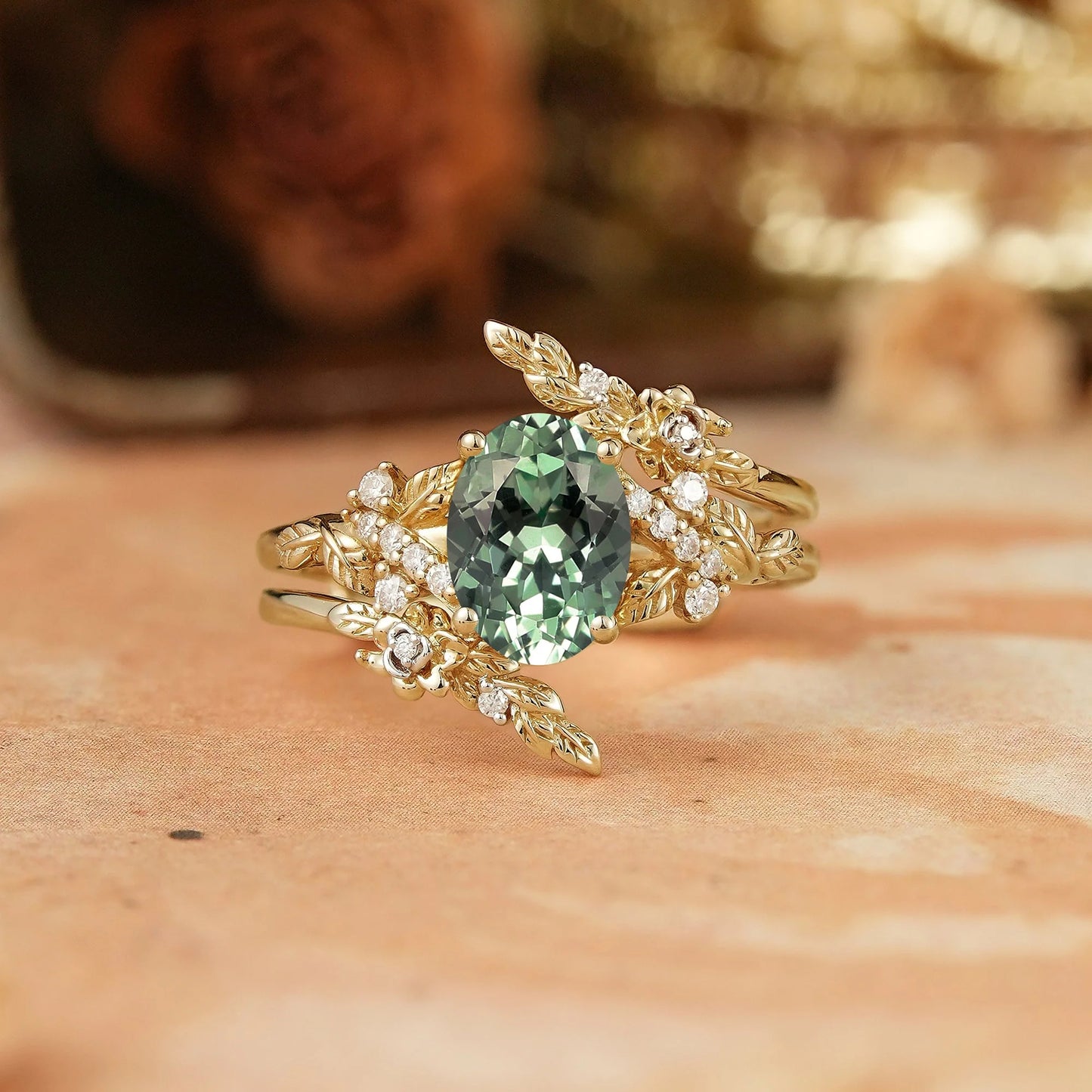 Oval Moissanite Nature Inspired Enhancer Ring Leaf And Flower Unique Bridal Set - Flora