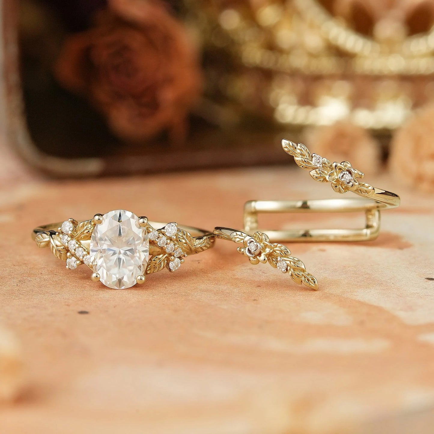 Oval Moissanite Nature Inspired Enhancer Ring Leaf And Flower Unique Bridal Set - Flora