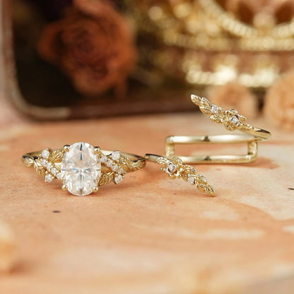 Oval Moissanite Nature Inspired Enhancer Ring Leaf And Flower Unique Bridal Set - Flora