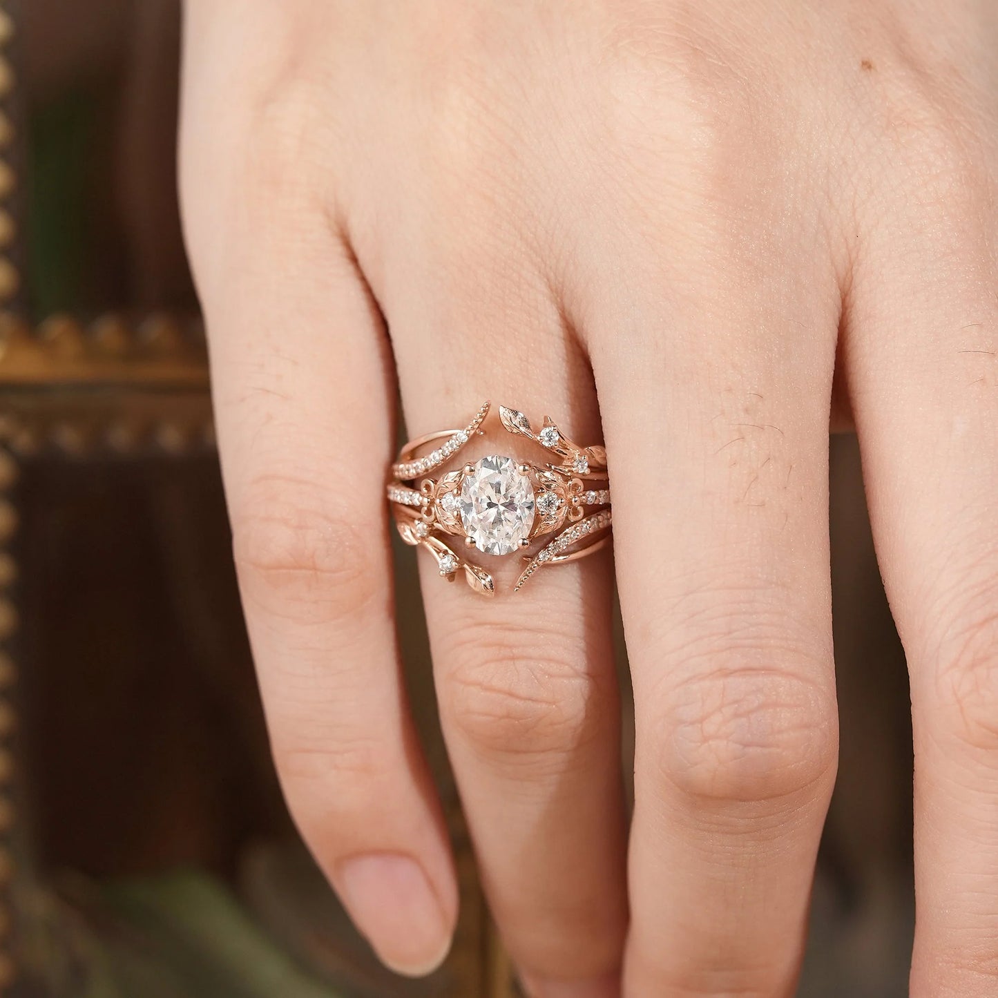 Oval Moissanite Rose Gold Enhancer Ring Set 2pcs-Sofia