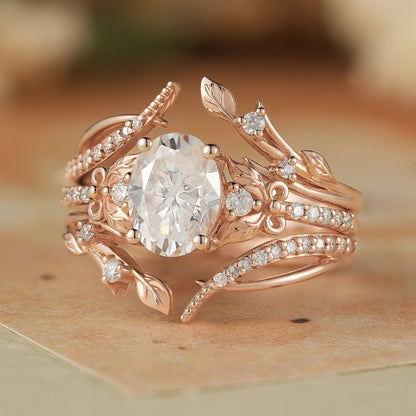Oval Moissanite Rose Gold Enhancer Ring Set 2pcs-Sofia