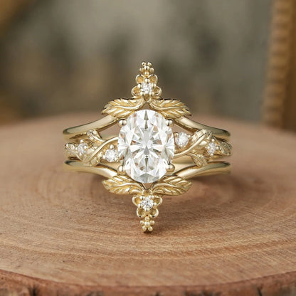 Oval Moissanite Yellow Gold Ring Set 2pcs