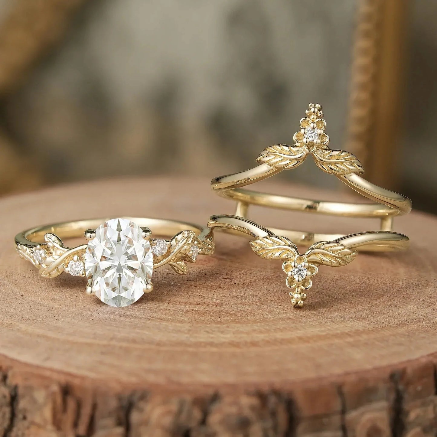 Oval Moissanite Yellow Gold Ring Set 2pcs