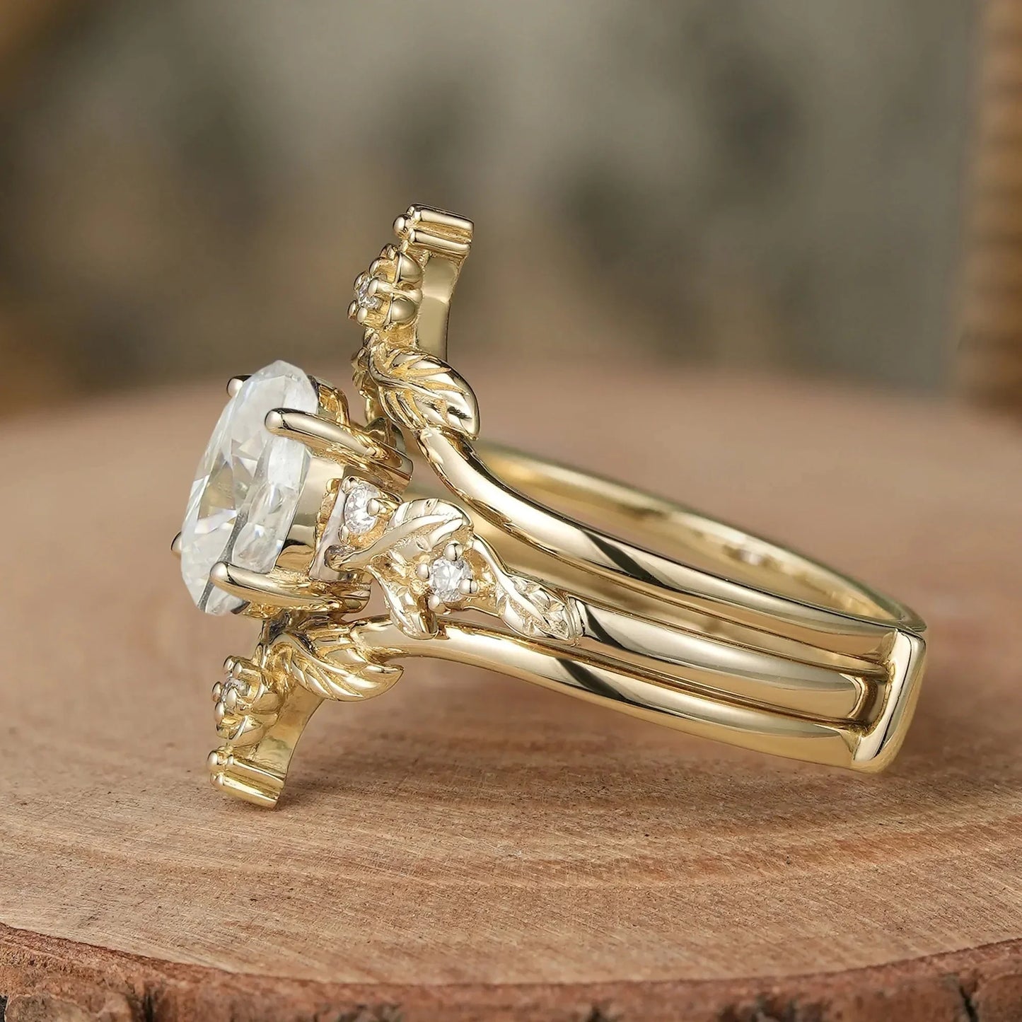 Oval Moissanite Yellow Gold Ring Set 2pcs