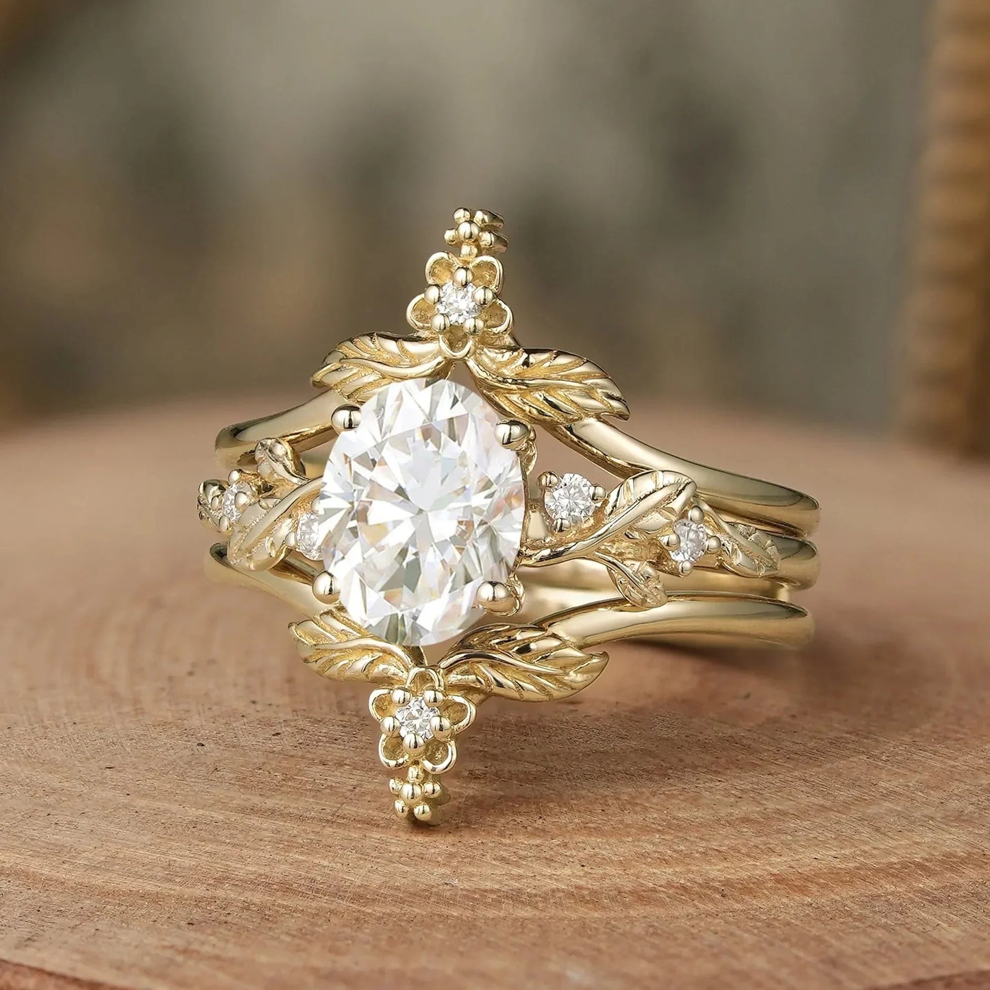 Oval Moissanite Yellow Gold Ring Set 2pcs