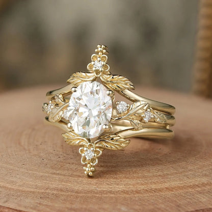 Oval Moissanite Yellow Gold Ring Set 2pcs