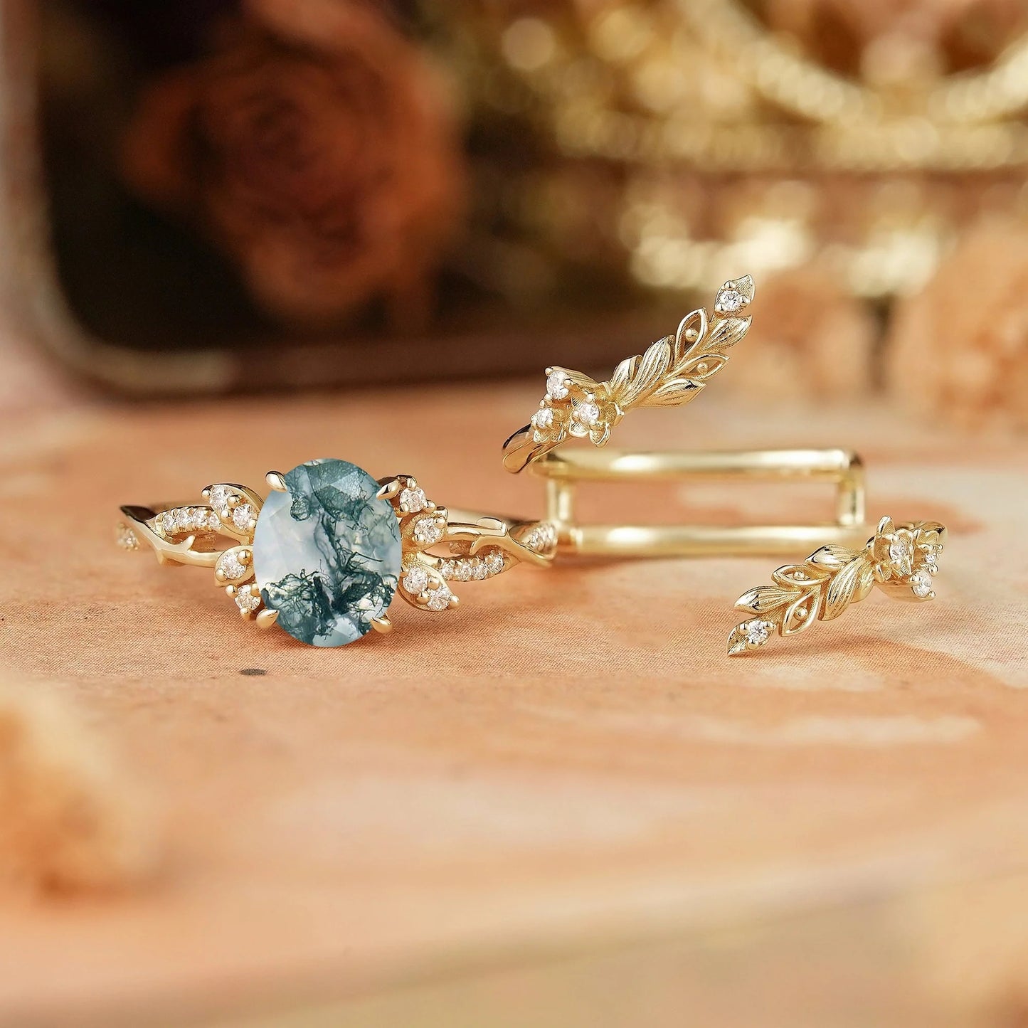 Oval Moss Agate Nature Inspired Enhancer Ring Bridal Set - Arwen