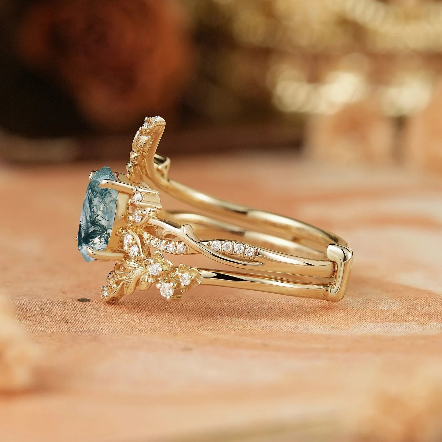 Oval Moss Agate Nature Inspired Enhancer Ring Bridal Set - Arwen