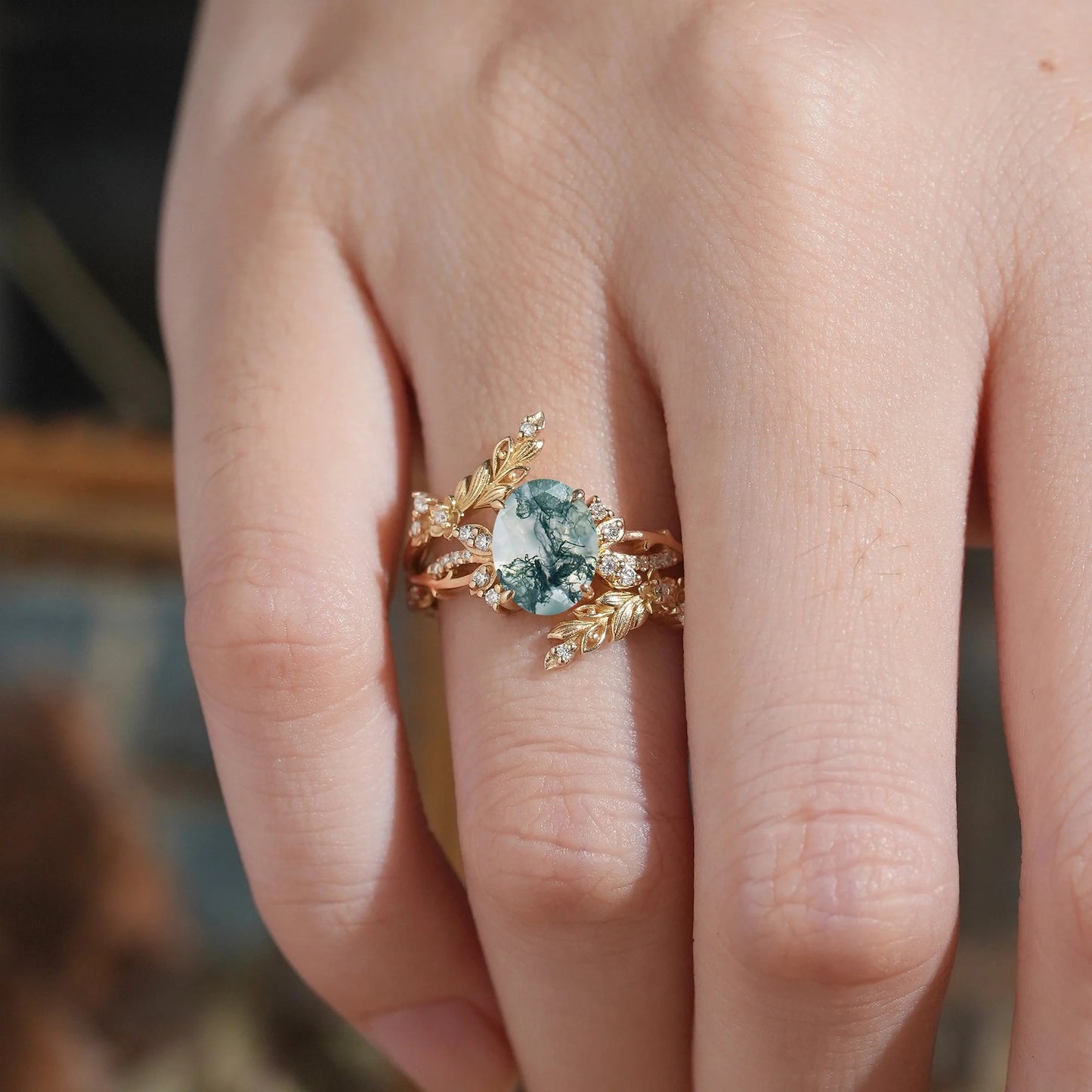 Oval Moss Agate Nature Inspired Enhancer Ring Bridal Set - Arwen