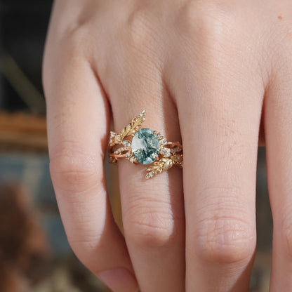 Oval Moss Agate Nature Inspired Enhancer Ring Bridal Set - Arwen