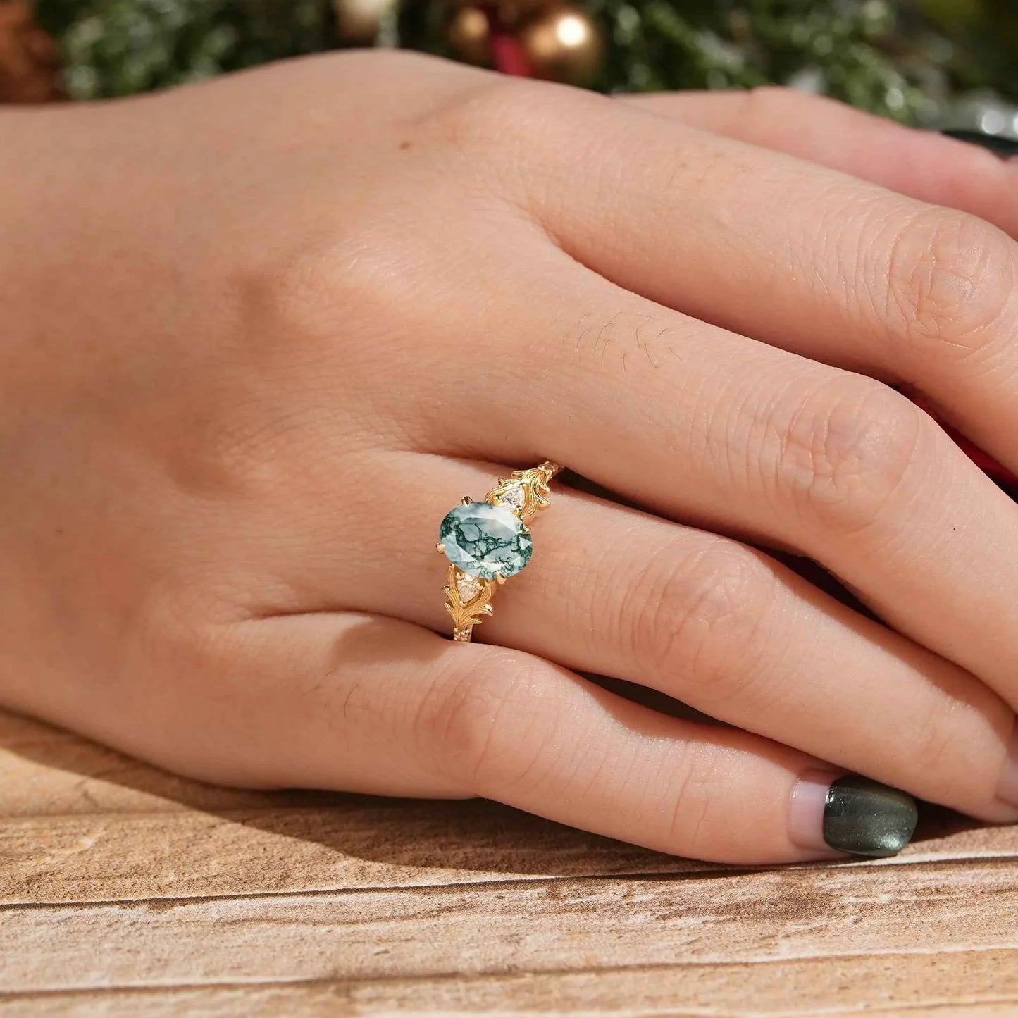 Oval Moss Agate Stag Inspired Bark Textured Engagement Ring Elven Ring