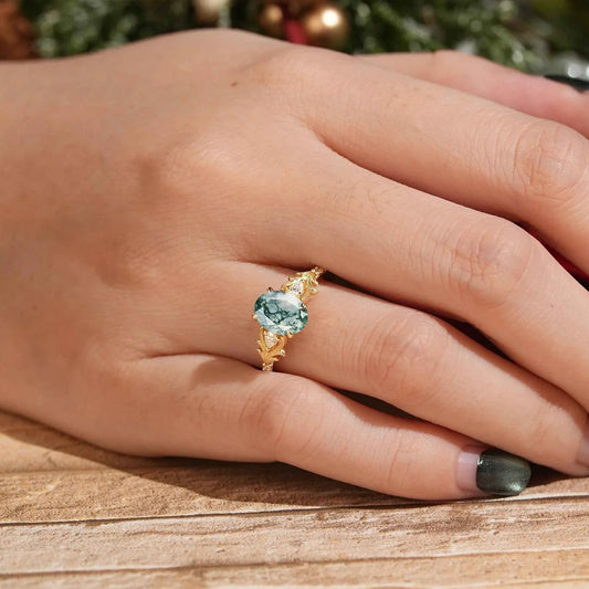 Oval Moss Agate Stag Inspired Bark Textured Engagement Ring Elven Ring
