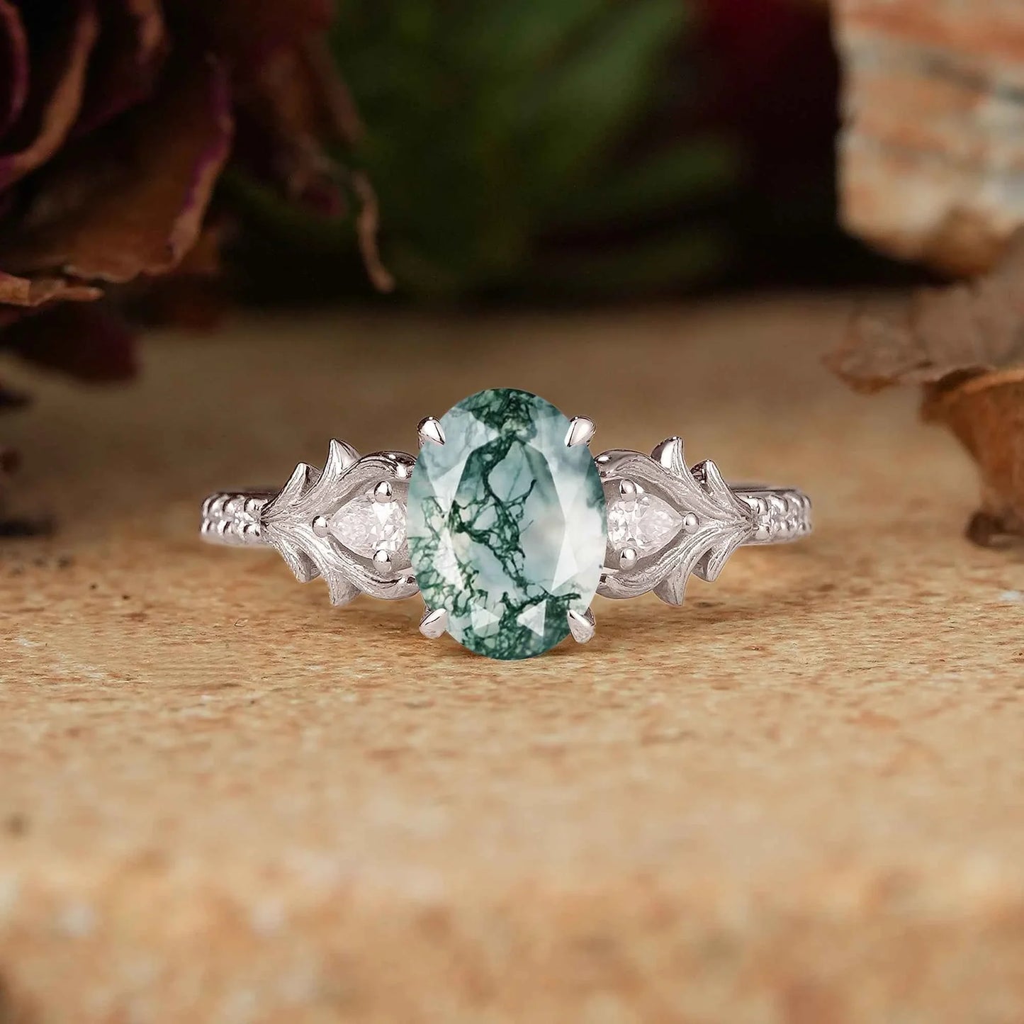 Oval Moss Agate Stag Inspired Bark Textured Engagement Ring Elven Ring