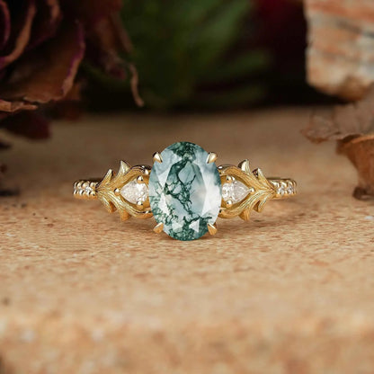Oval Moss Agate Stag Inspired Bark Textured Engagement Ring Elven Ring