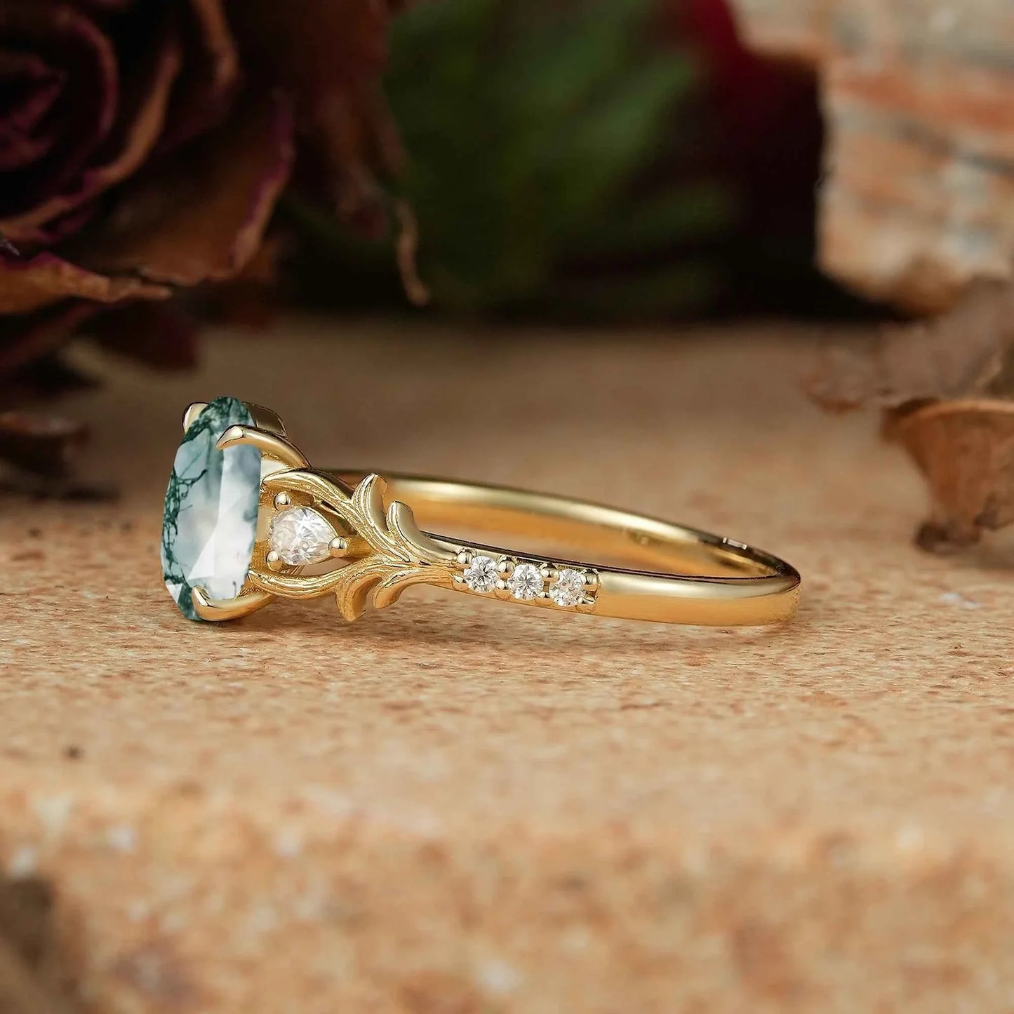 Oval Moss Agate Stag Inspired Bark Textured Engagement Ring Elven Ring
