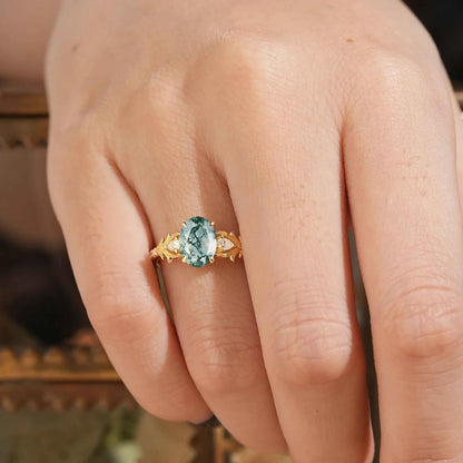 Oval Moss Agate Stag Inspired Bark Textured Engagement Ring Elven Ring
