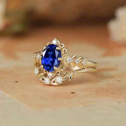 Oval Sapphire Leaf Ring Set - Calista - GemsMagic