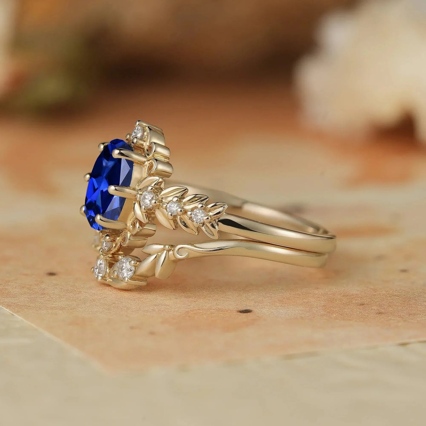 Oval Sapphire Leaf Ring Set - Calista - GemsMagic
