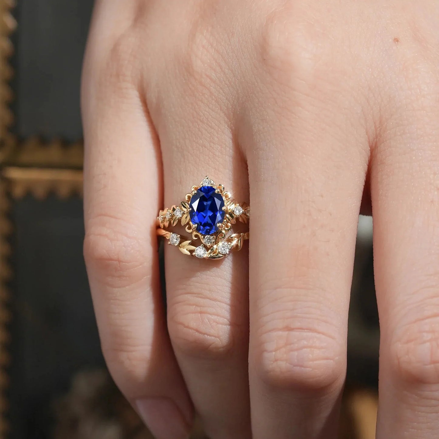 Oval Sapphire Leaf Ring Set - Calista - GemsMagic