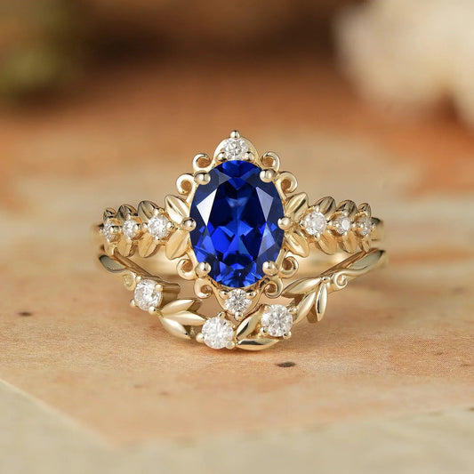 Oval Sapphire Leaf Ring Set - Calista - GemsMagic