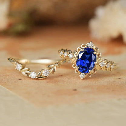 Oval Sapphire Leaf Ring Set - Calista - GemsMagic