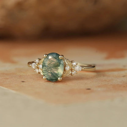 Oval Shaped Moss Agate Engagement Ring-Faye