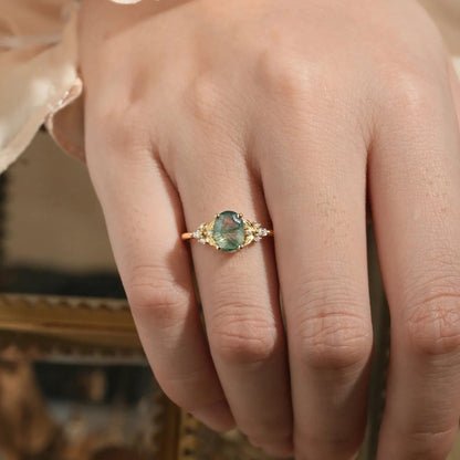 Oval Shaped Moss Agate Engagement Ring-Faye