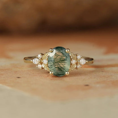 Oval Shaped Moss Agate Engagement Ring-Faye