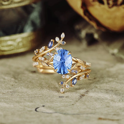 Oval Sparkle Cut Cornflower Sapphire Leaf Engagement Ring Set 2pcs - Aphrodite