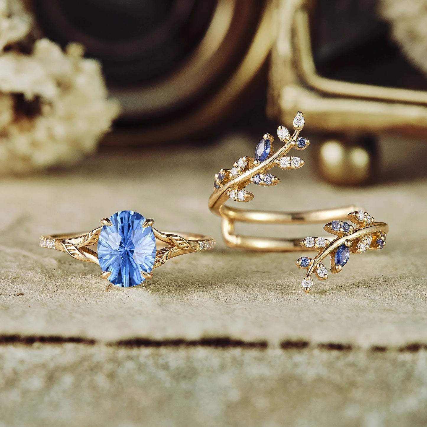 Oval Sparkle Cut Cornflower Sapphire Leaf Engagement Ring Set 2pcs - Aphrodite