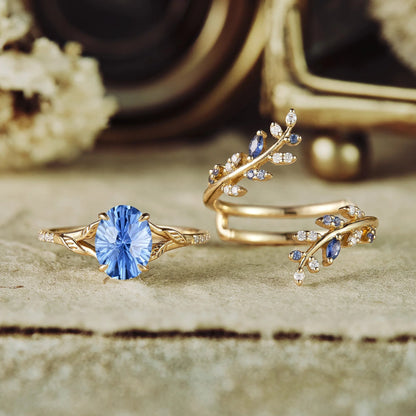 Oval Sparkle Cut Cornflower Sapphire Leaf Engagement Ring Set 2pcs - Aphrodite