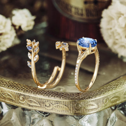 Oval Sparkle Cut Cornflower Sapphire Leaf Engagement Ring Set 2pcs - Aphrodite