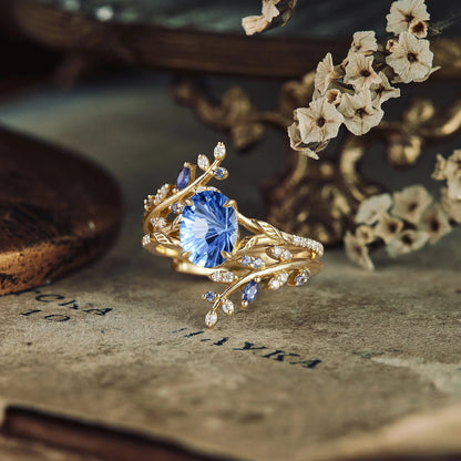 Oval Sparkle Cut Cornflower Sapphire Leaf Engagement Ring Set 2pcs - Aphrodite
