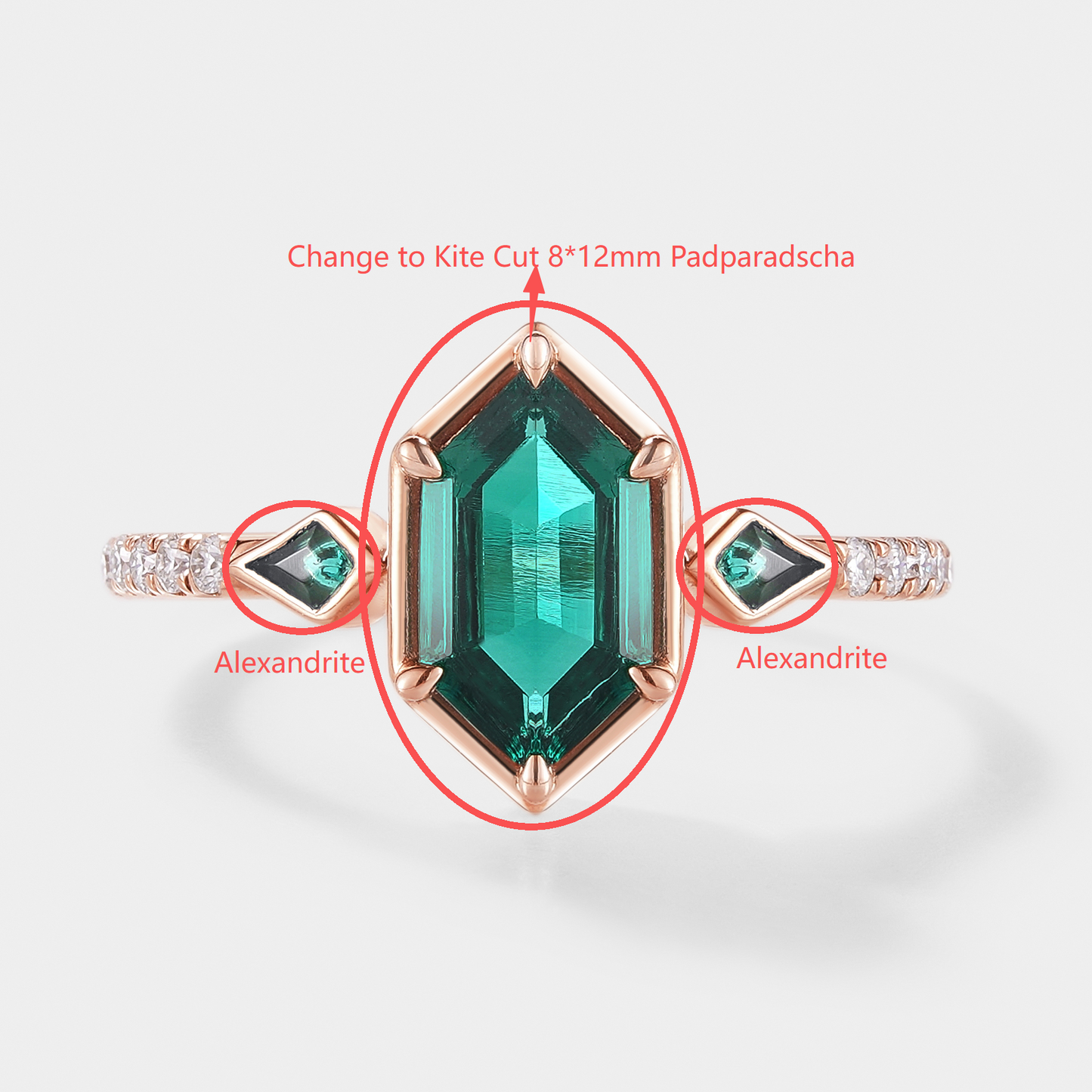 Custom Kite Cut Lab Padparadscha Engagement Ring with Alexandrite Accent Stone For Lauren Maddox