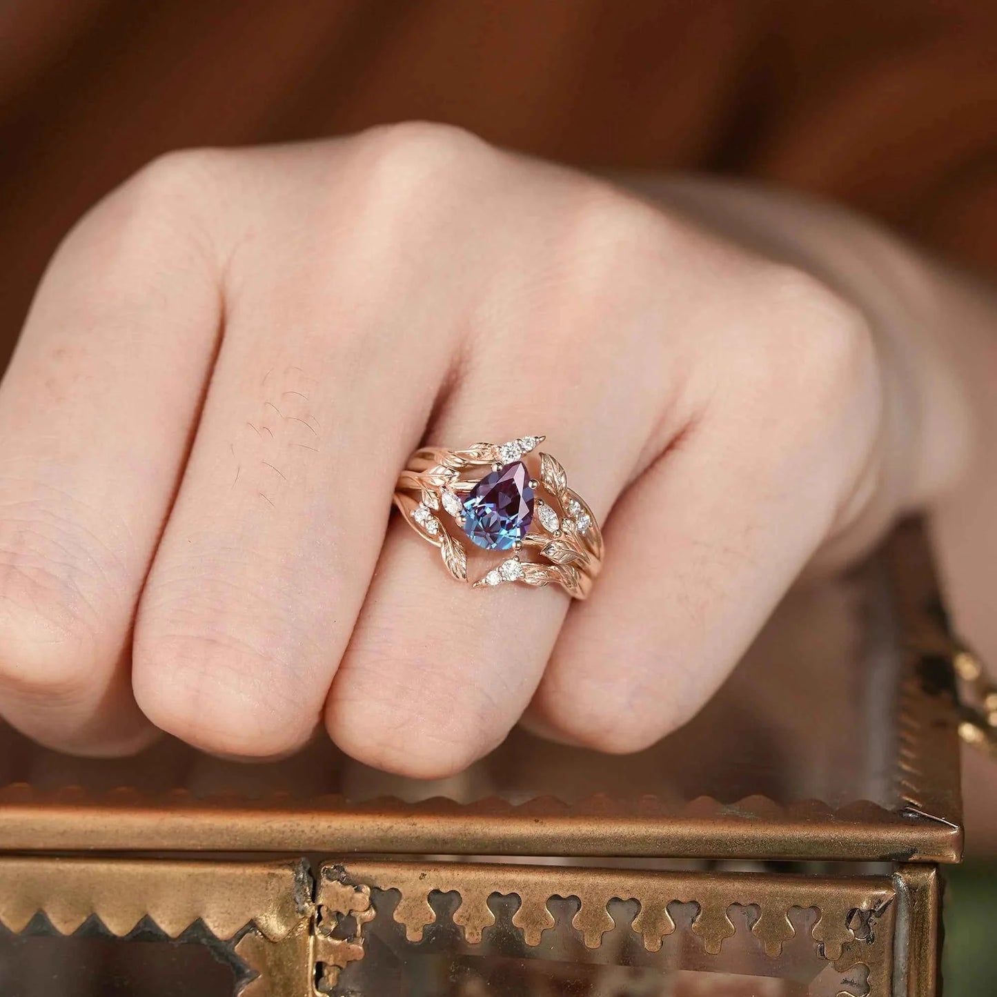 Pear Alexandrite Enhacner Leaf Ring Set 2pcs - Emma