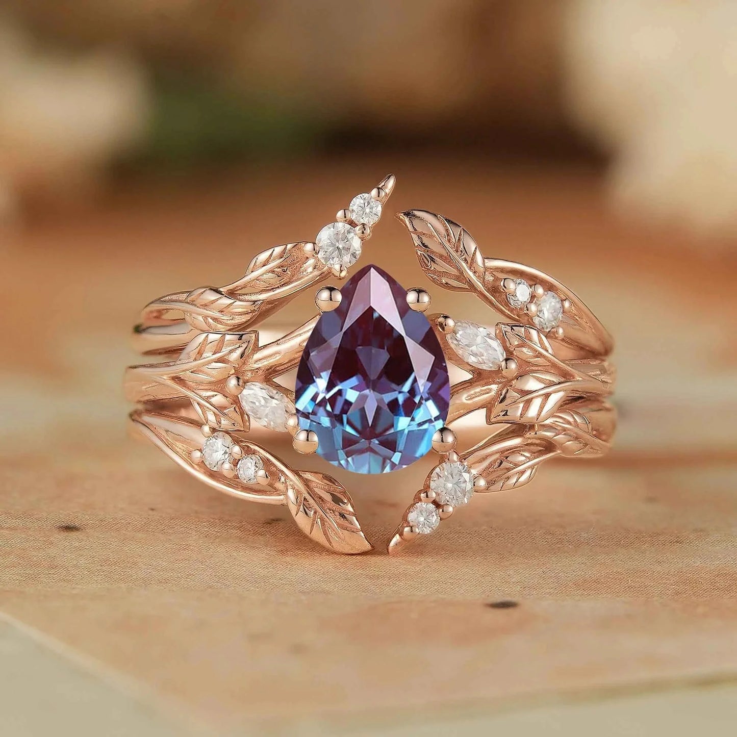 Pear Alexandrite Enhacner Leaf Ring Set 2pcs - Emma