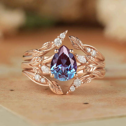 Pear Alexandrite Enhacner Leaf Ring Set 2pcs - Emma