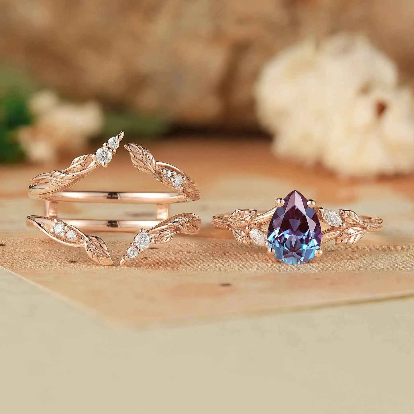 Pear Alexandrite Enhacner Leaf Ring Set 2pcs - Emma