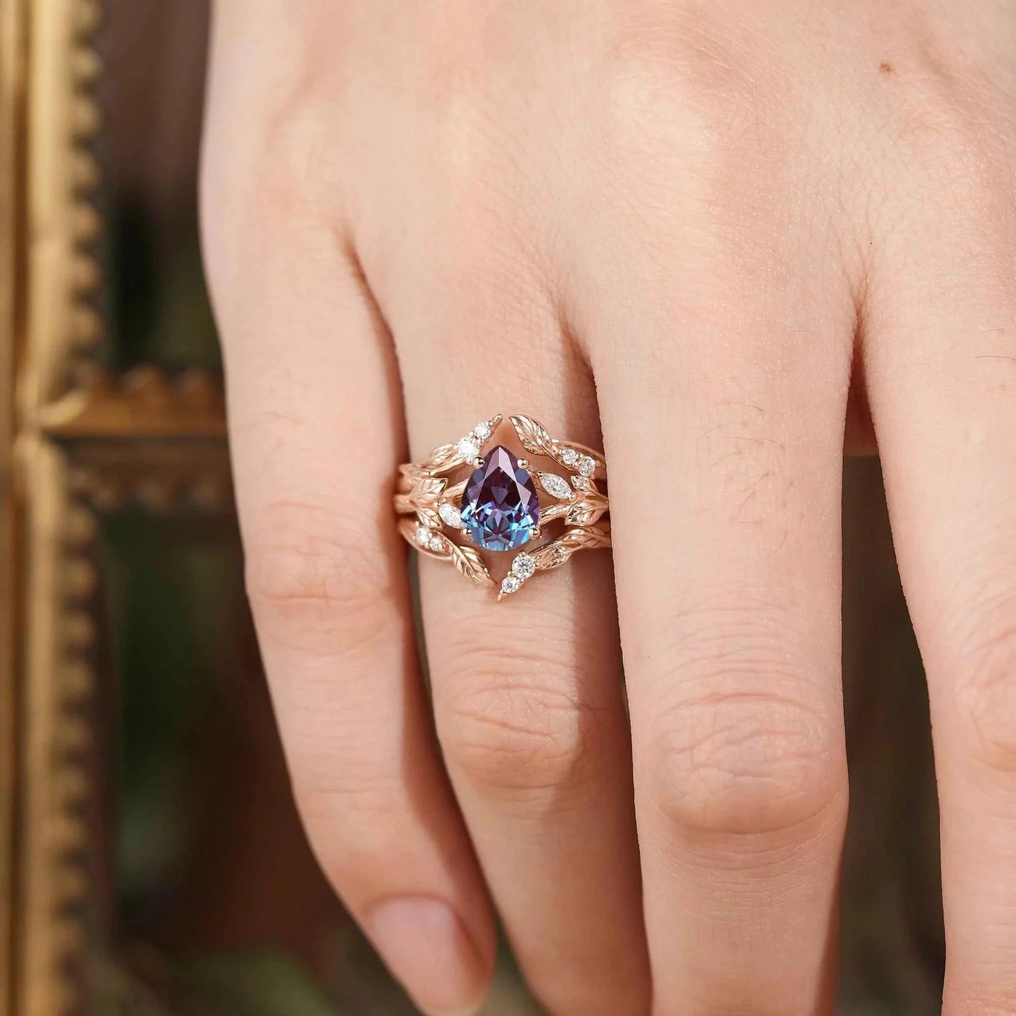 Pear Alexandrite Enhacner Leaf Ring Set 2pcs - Emma