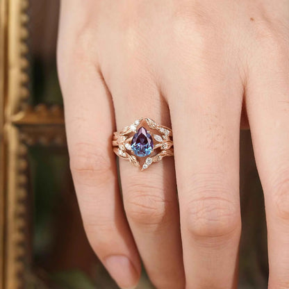 Pear Alexandrite Enhacner Leaf Ring Set 2pcs - Emma