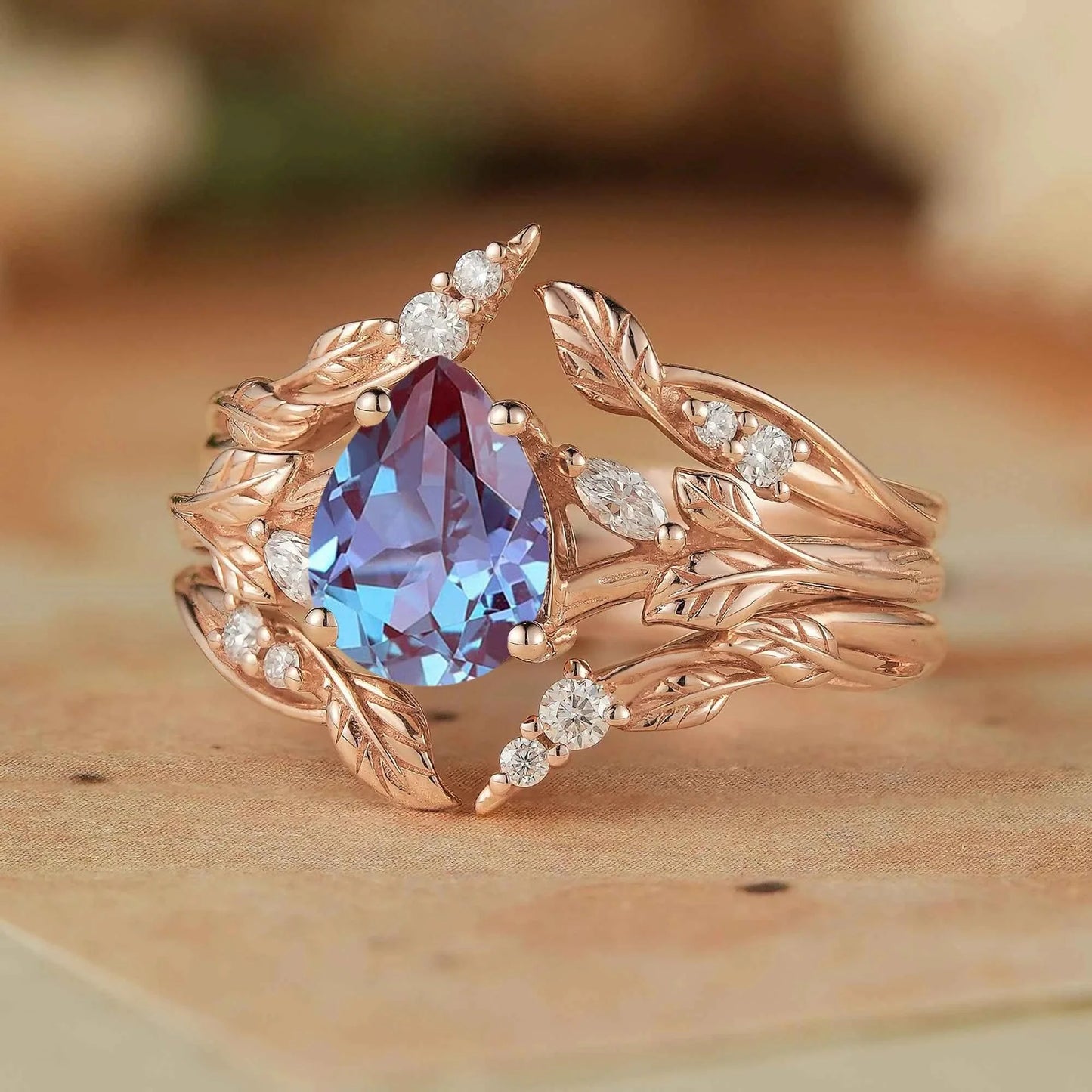 Pear Alexandrite Enhacner Leaf Ring Set 2pcs - Emma